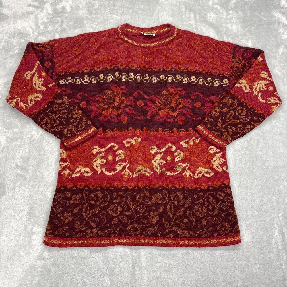 Vtg Basic Editions Sweater Womens M Red Floral Fair Isle Knit Crewneck Pullover